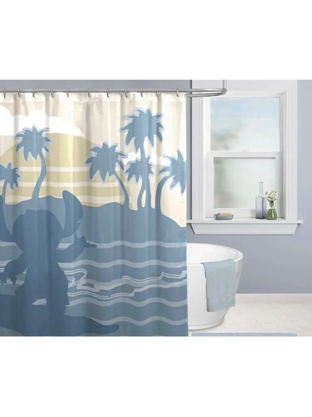 Disney Stitch Beach Scene Shower Curtain - Blue, Cream, Purple